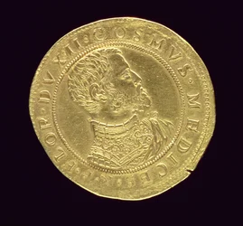 Obverse of coin of Cosimo I (1519-74) in armour Inscription: COSMVS MEDICES R P FLOR DVX II